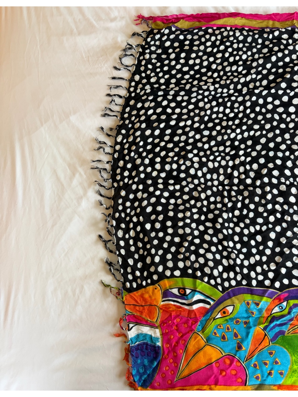 Black & White vintage sarong with Bright Multicolor Bird Print